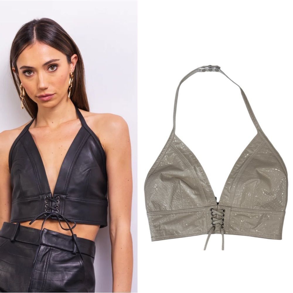 NWT Lisa Maree Cream Patent Leather Crocodile Embossed Halter Top Small